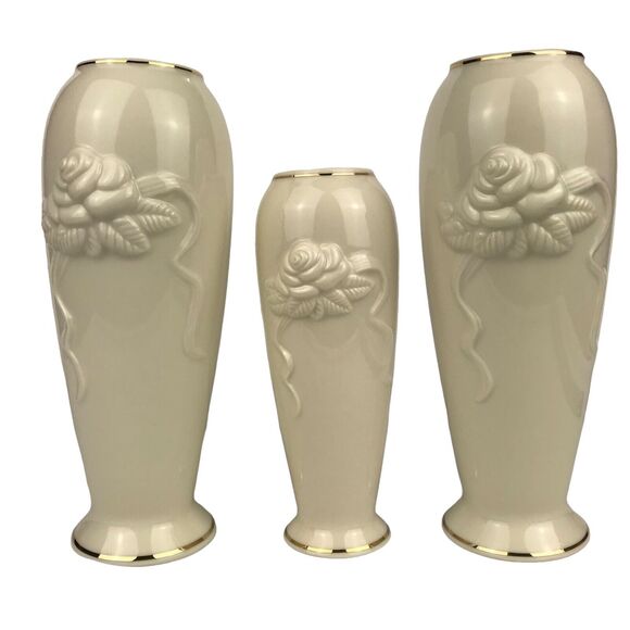 Lenox Rose Blossom Vases Ivory Porcelain 24k Gold Trim 5.75'' 7.5'' Set of 3 EUC - Picture 1 of 11